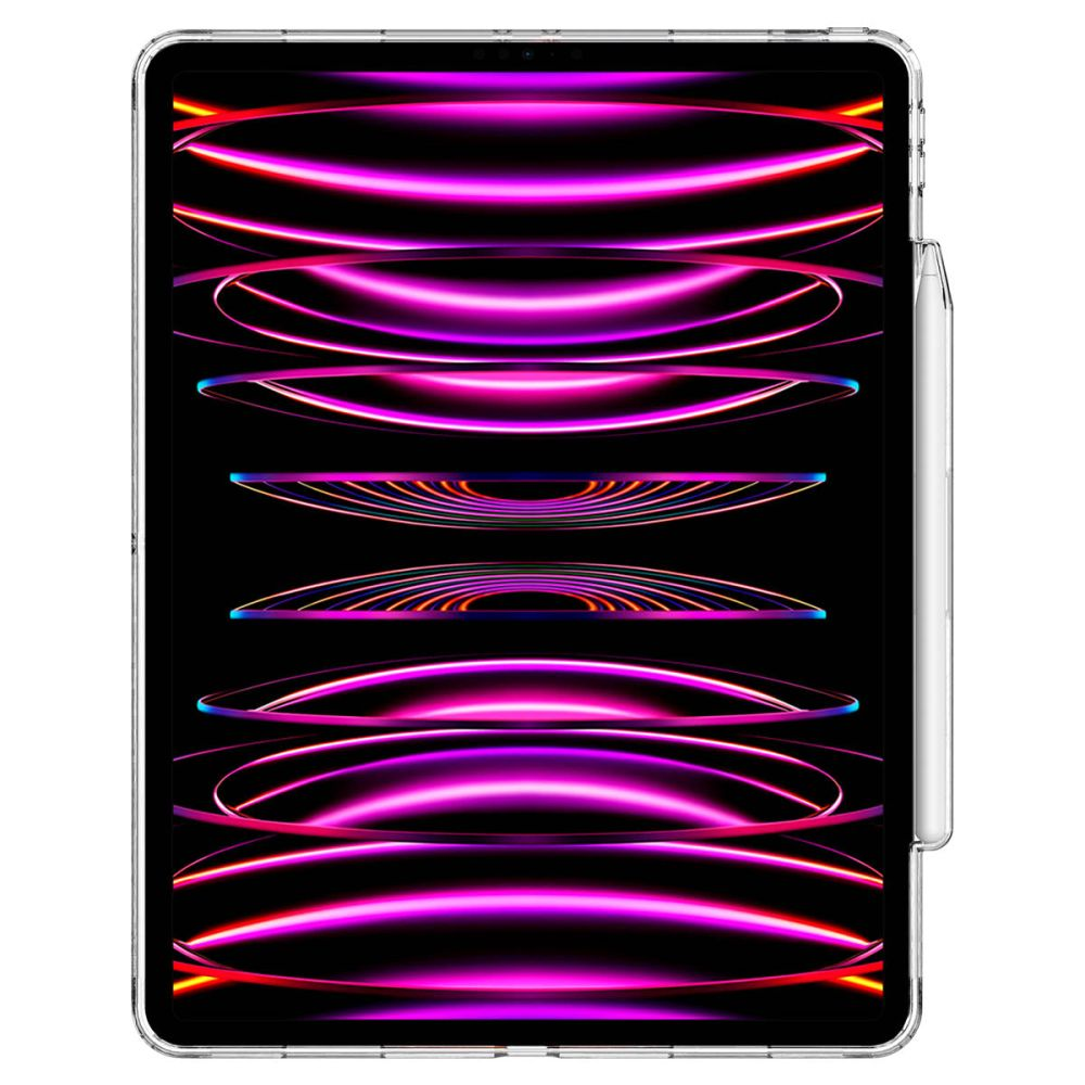 Tablet con linee al neon astratte sullo schermo, stilo attaccato lateralmente. Custodia trasparente.