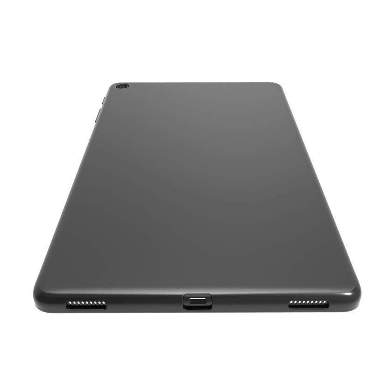 Un tablet grigio scuro è mostrato da un'angolazione bassa. Il tablet è su sfondo bianco. Ha un obiettivo della fotocamera e altoparlanti.