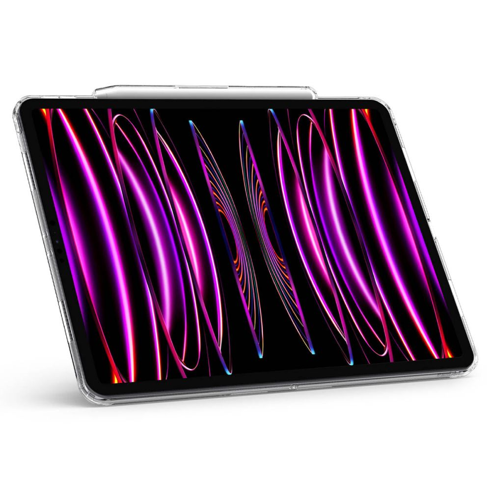 Un tablet con custodia trasparente e stilo. Lo schermo mostra un design astratto e colorato con linee viola e rosa.
