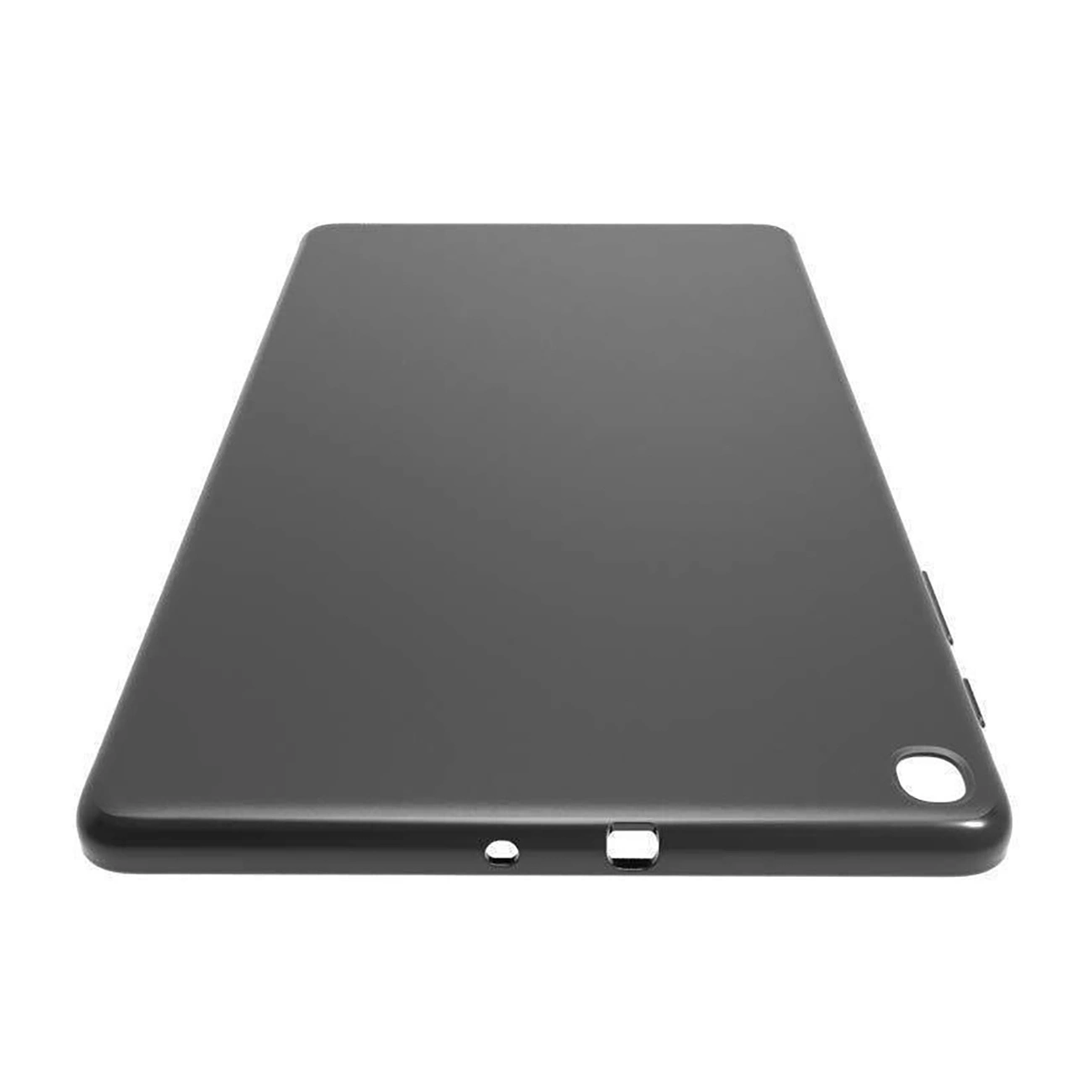 Una custodia per tablet grigio scuro, leggermente angolata, con angoli arrotondati. Ha aperture per pulsanti e fotocamera su sfondo bianco.