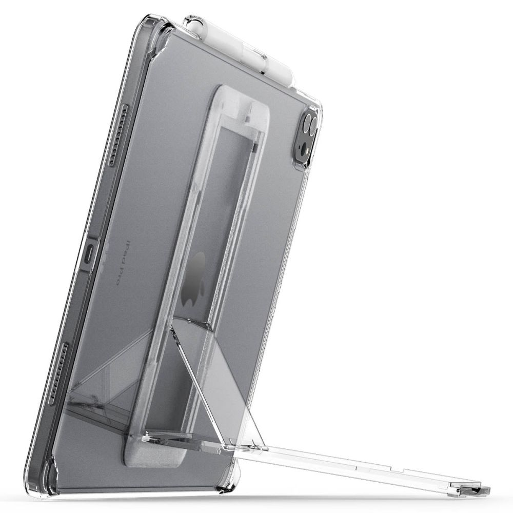 Custodia trasparente per iPad Pro con supporto. L'iPad mostra un logo Apple argentato ed è angolato per la visione.