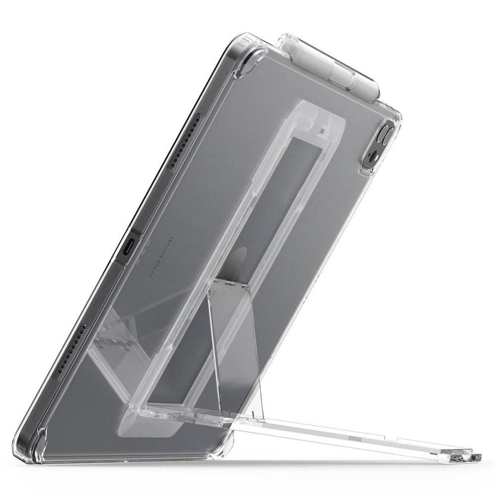 Una custodia trasparente per iPad con supporto integrato. L'iPad è angolato e sostenuto dal supporto su sfondo bianco.