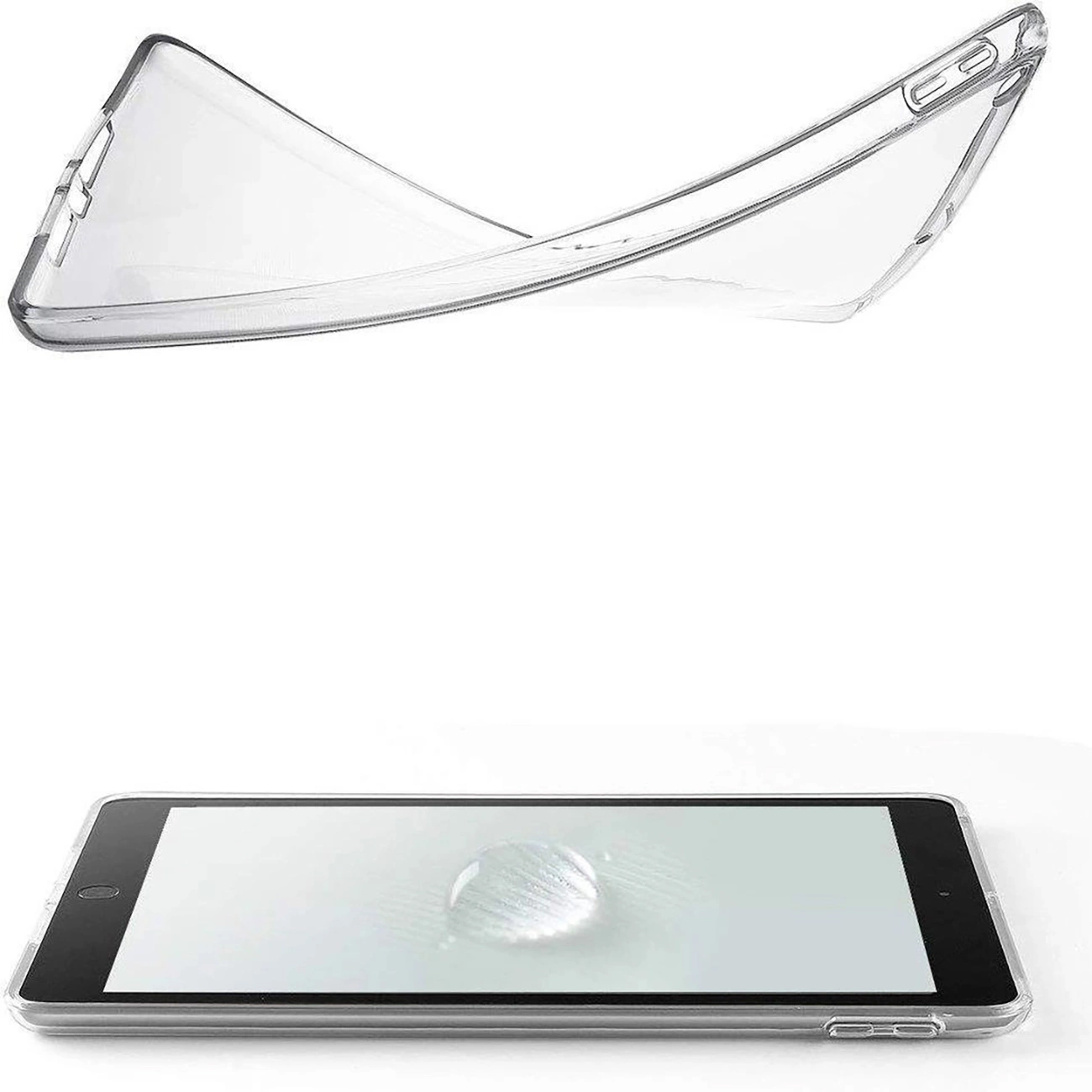 Custodia trasparente per tablet sopra un tablet. La custodia è flessibile, mostrando la sua forma. Lo schermo ha una goccia d'acqua.