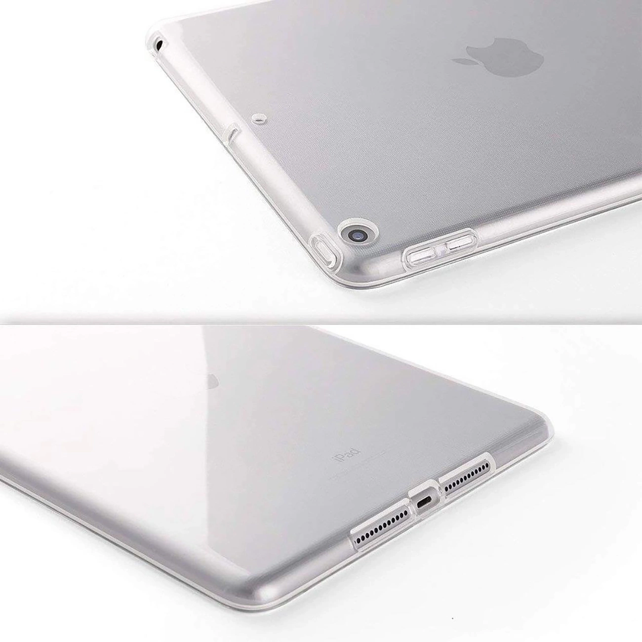 Due viste di un iPad in una custodia trasparente. La parte superiore mostra la fotocamera e l'angolo. La parte inferiore mostra il bordo dell'iPad, con altoparlanti e porta di ricarica.