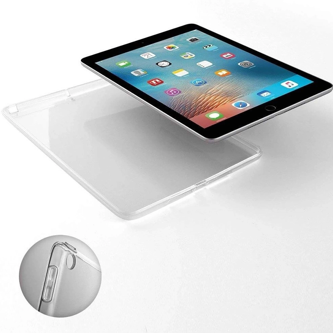Un iPad è appoggiato sopra una custodia trasparente. Lo schermo mostra icone di app. Un primo piano mostra l'angolo della custodia.