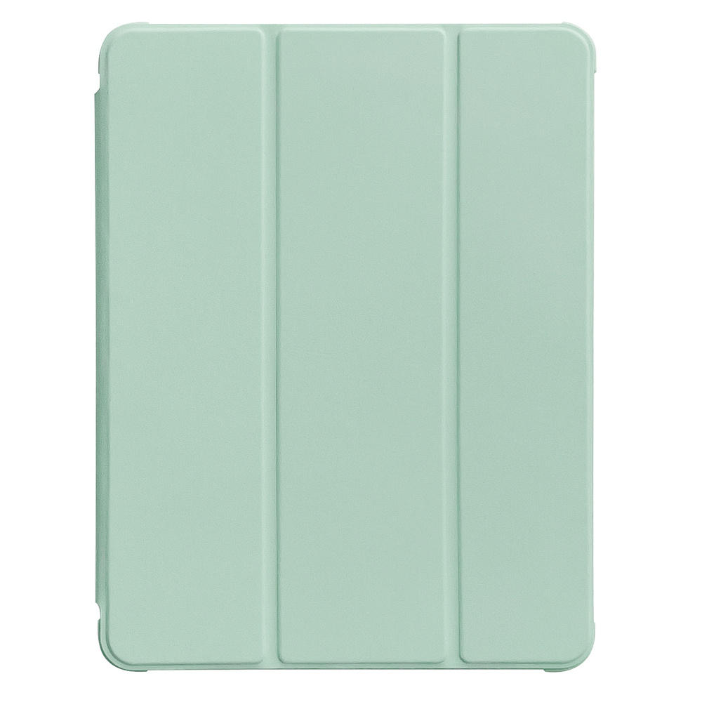 Una custodia per tablet verde menta, piegata. Ha tre sezioni verticali e angoli arrotondati, su sfondo bianco.