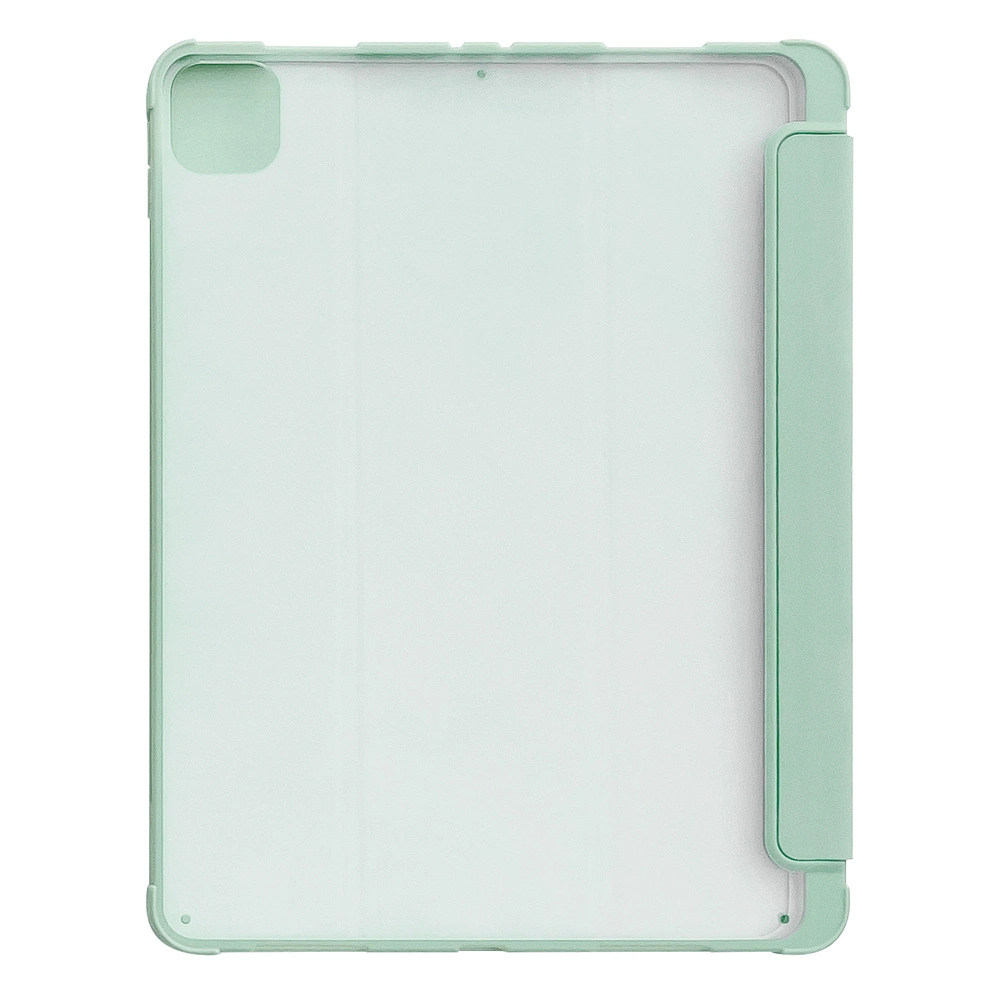 Viene mostrata una custodia per tablet verde menta. La custodia è aperta, rivelando lo schermo del tablet. La custodia ha un lembo magnetico sul lato.