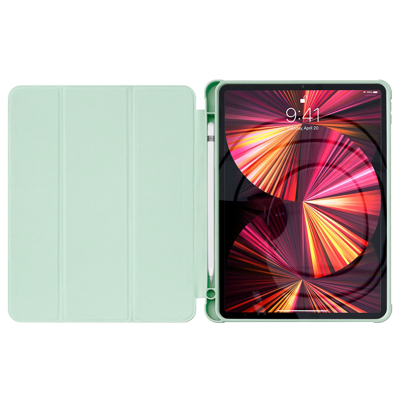 Un iPad con custodia verde chiaro e stilo è aperto. Lo schermo mostra un'immagine astratta colorata con l'ora.
