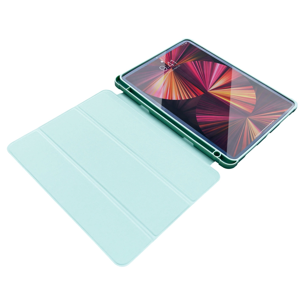 Un tablet aperto con custodia verde menta. Lo schermo mostra un'immagine astratta colorata. La custodia è aperta.