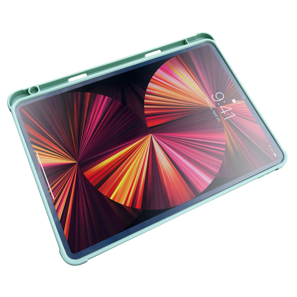Un iPad con schermo colorato che mostra un design radiale, racchiuso in una custodia verde chiaro, su sfondo bianco.