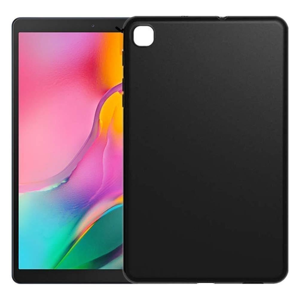 Un tablet con custodia nera. Lo schermo mostra colori rosa e gialli. La custodia ha un ritaglio per la fotocamera.