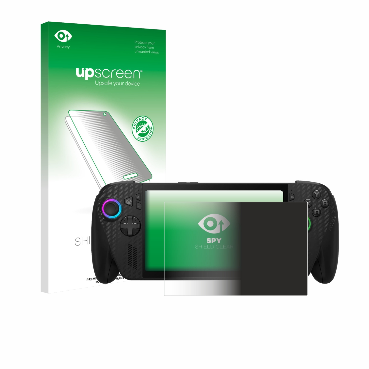 Eine Handheld-Spielkonsole mit Displayschutzfolie und deren Verpackung. Auf der Verpackung steht 'Privacy' und 'upscreen'.