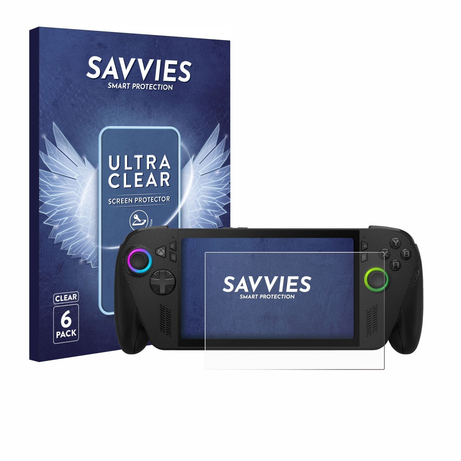 Das Bild zeigt eine Bildschirmschutzbox und ein schwarzes Handheld-Gaming-Gerät. Die Box trägt die Marke SAVVIES und die Worte ULTRA CLEAR.