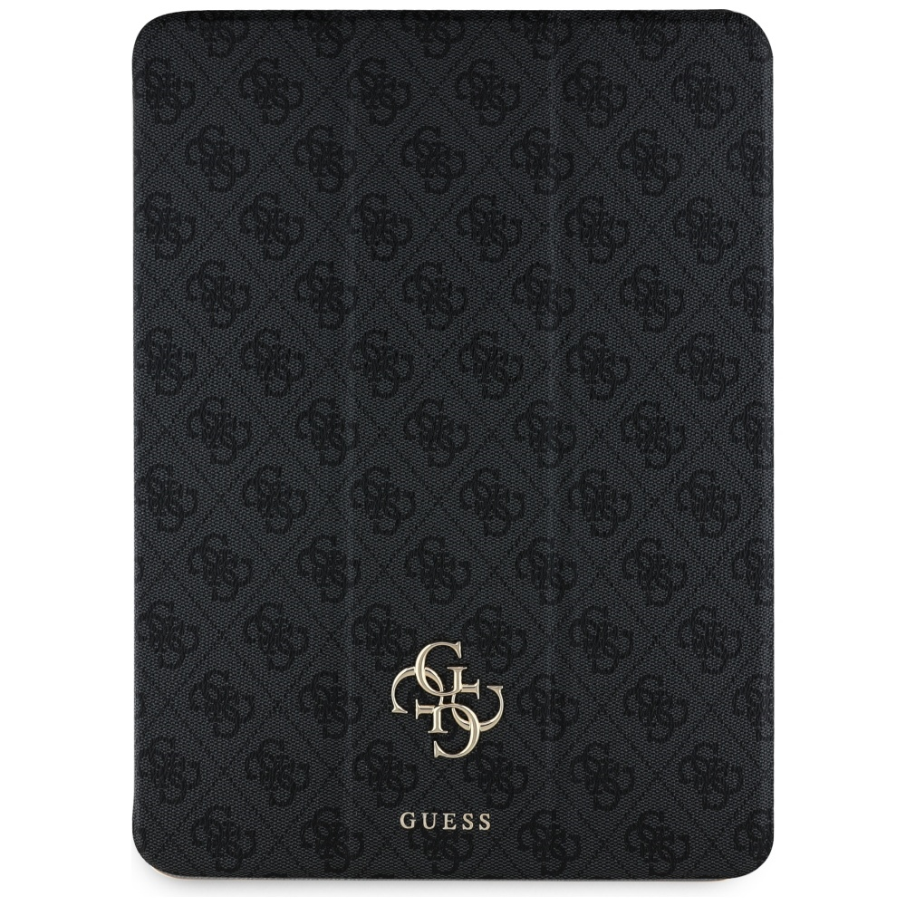 Custodia per tablet nera con motivo di forme ripetute e logo Guess dorato in basso.