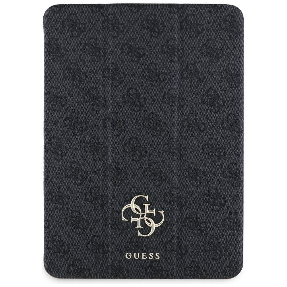 Una custodia per tablet grigio scuro con motivo ripetuto e logo Guess argentato in basso. La custodia è chiusa.