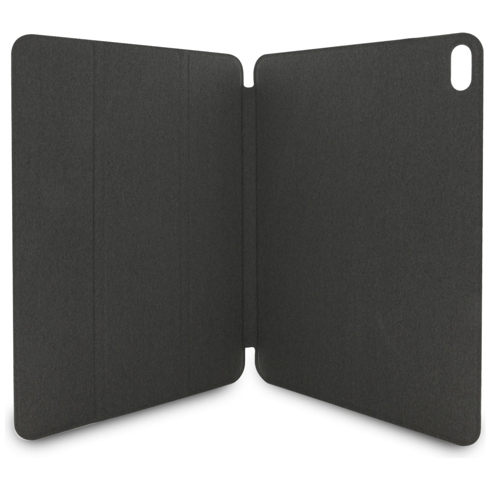 Custodia per tablet grigio scuro aperta, angolata. Il lato destro ha un ritaglio per la fotocamera. Custodia aperta.
