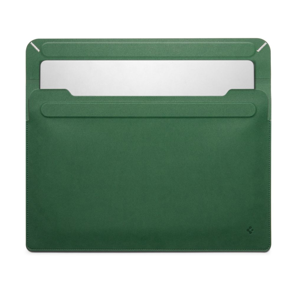 Custodia verde per laptop con interno bianco e piccolo logo. La custodia è di forma rettangolare e ha un bordo cucito.