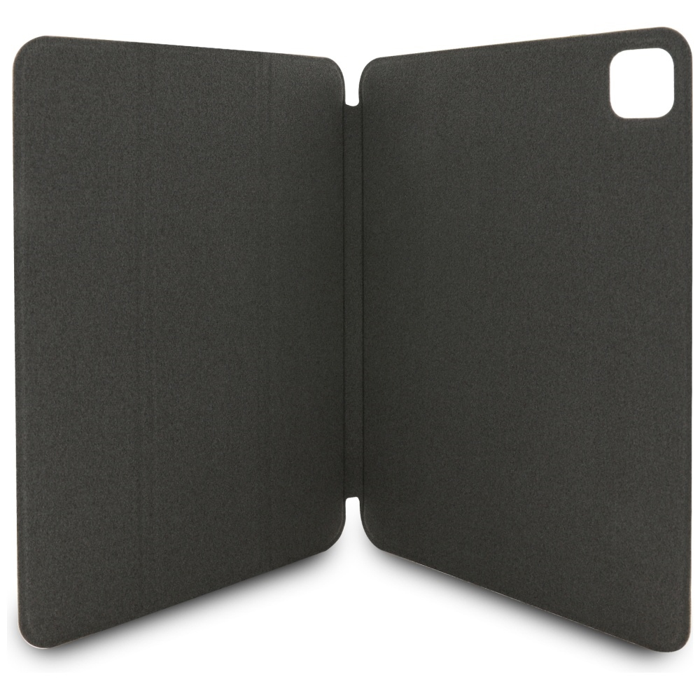 Custodia per tablet grigio scuro aperta. Il lato destro ha un ritaglio per la fotocamera. La custodia è su una superficie bianca.