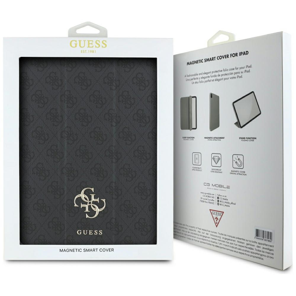 Una scatola per custodia iPad Guess. La scatola è bianca con il logo Guess e un'immagine della custodia.