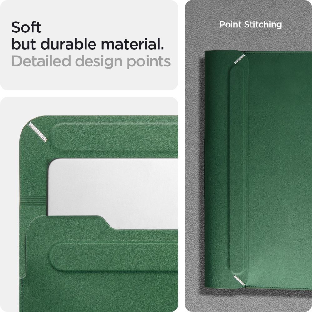 Custodia in pelle verde con cuciture dettagliate. La custodia è morbida ma resistente, con punti di design visibili.