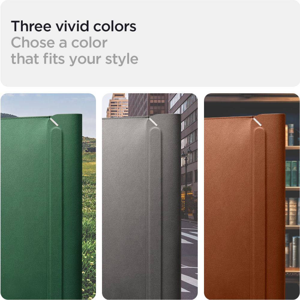 Tre custodie colorate: verde, grigio e marrone. Lo sfondo mostra rispettivamente un campo, una strada e una libreria.