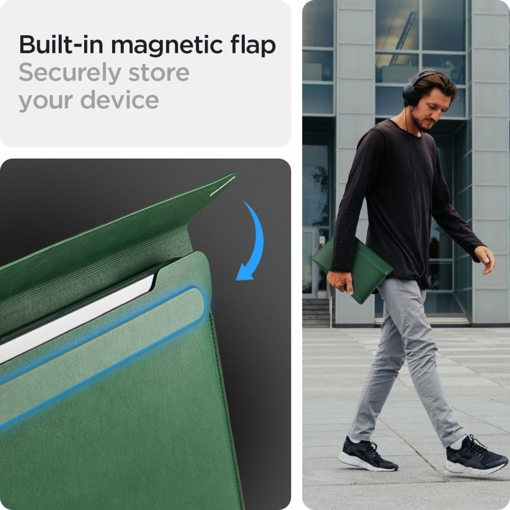 Un uomo cammina, tenendo una custodia verde. A sinistra: patta verde con bagliore blu e freccia. Testo: Aletta magnetica integrata.