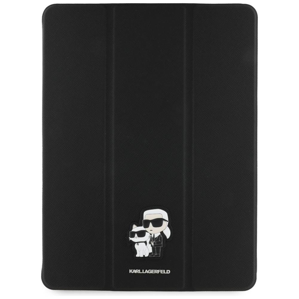 Custodia per tablet nera con logo Karl Lagerfeld. Raffigura Karl e un gatto con occhiali da sole. La custodia è chiusa.