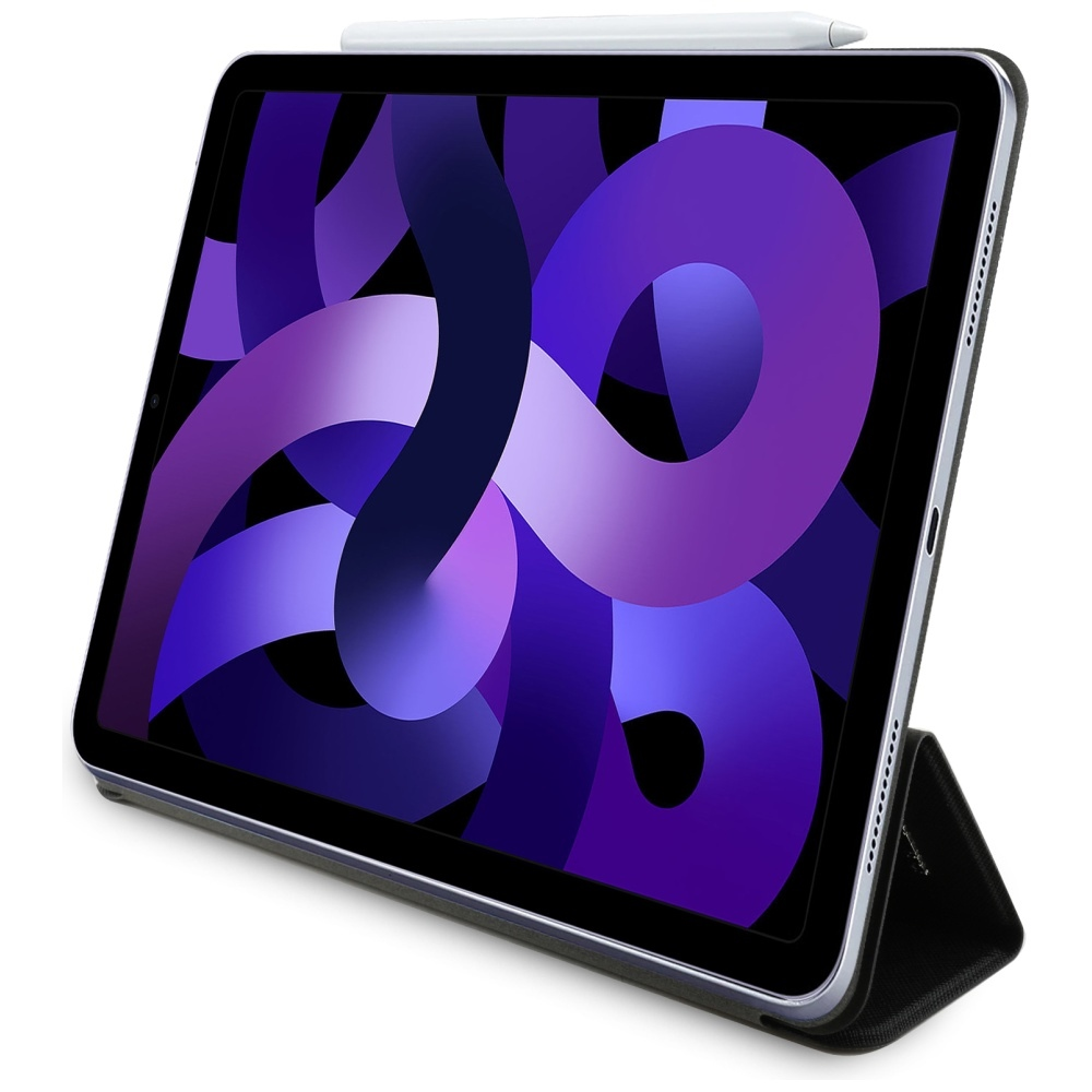 Un iPad Air in una custodia, con arte astratta viola e blu. Uno stilo bianco è appoggiato sopra. La custodia sostiene il dispositivo.