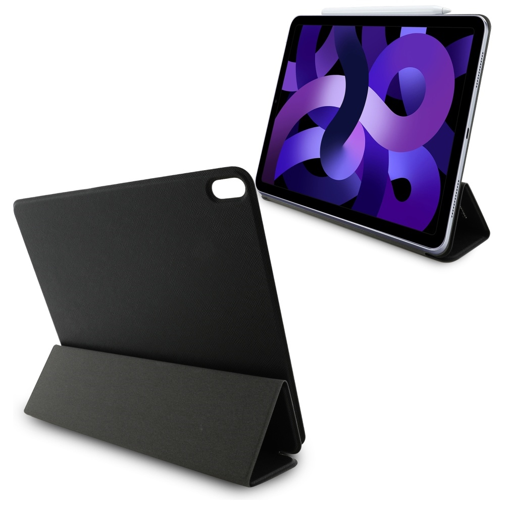 Un iPad con custodia nera e un secondo iPad sullo sfondo. Lo schermo mostra un design astratto viola e bianco.
