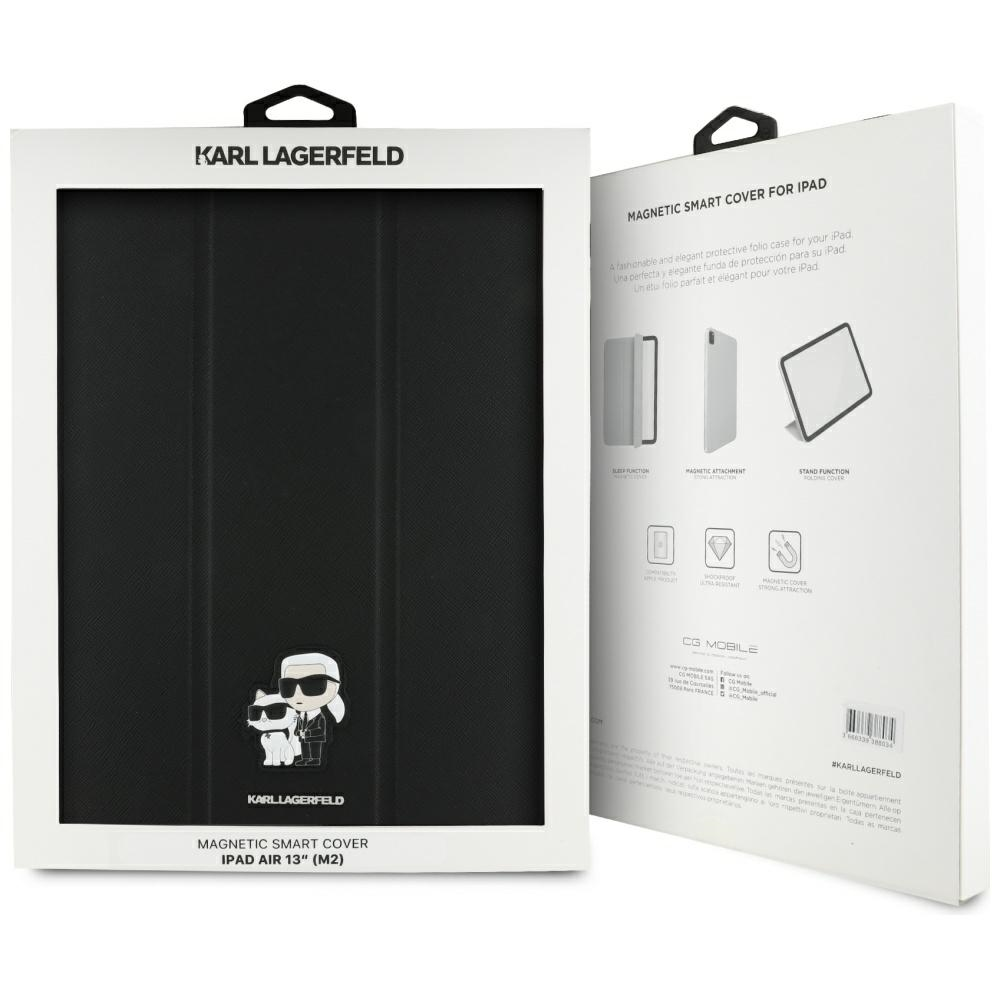 Una scatola per custodia iPad Karl Lagerfeld. La parte anteriore mostra la custodia e il logo. Il lato presenta dettagli e caratteristiche del prodotto.