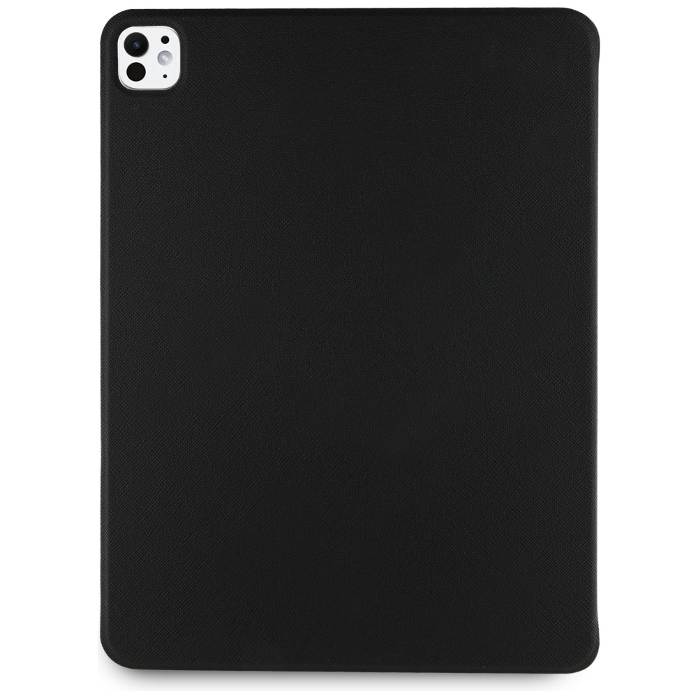 Una custodia nera per tablet con superficie strutturata. L'angolo in alto a sinistra mostra il modulo fotocamera. La custodia ha angoli arrotondati.