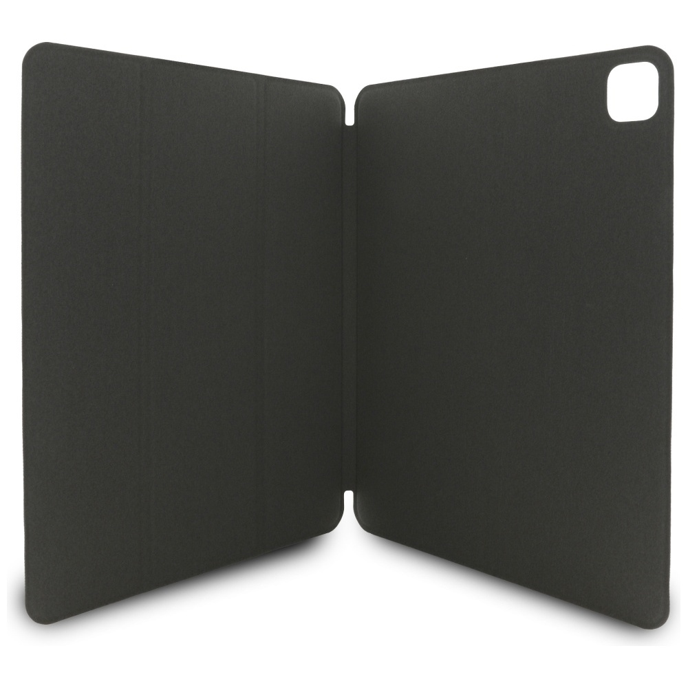 Una custodia per tablet grigio scuro aperta. Il lato sinistro è ripiegato. Un ritaglio per la fotocamera è visibile sul lato destro.