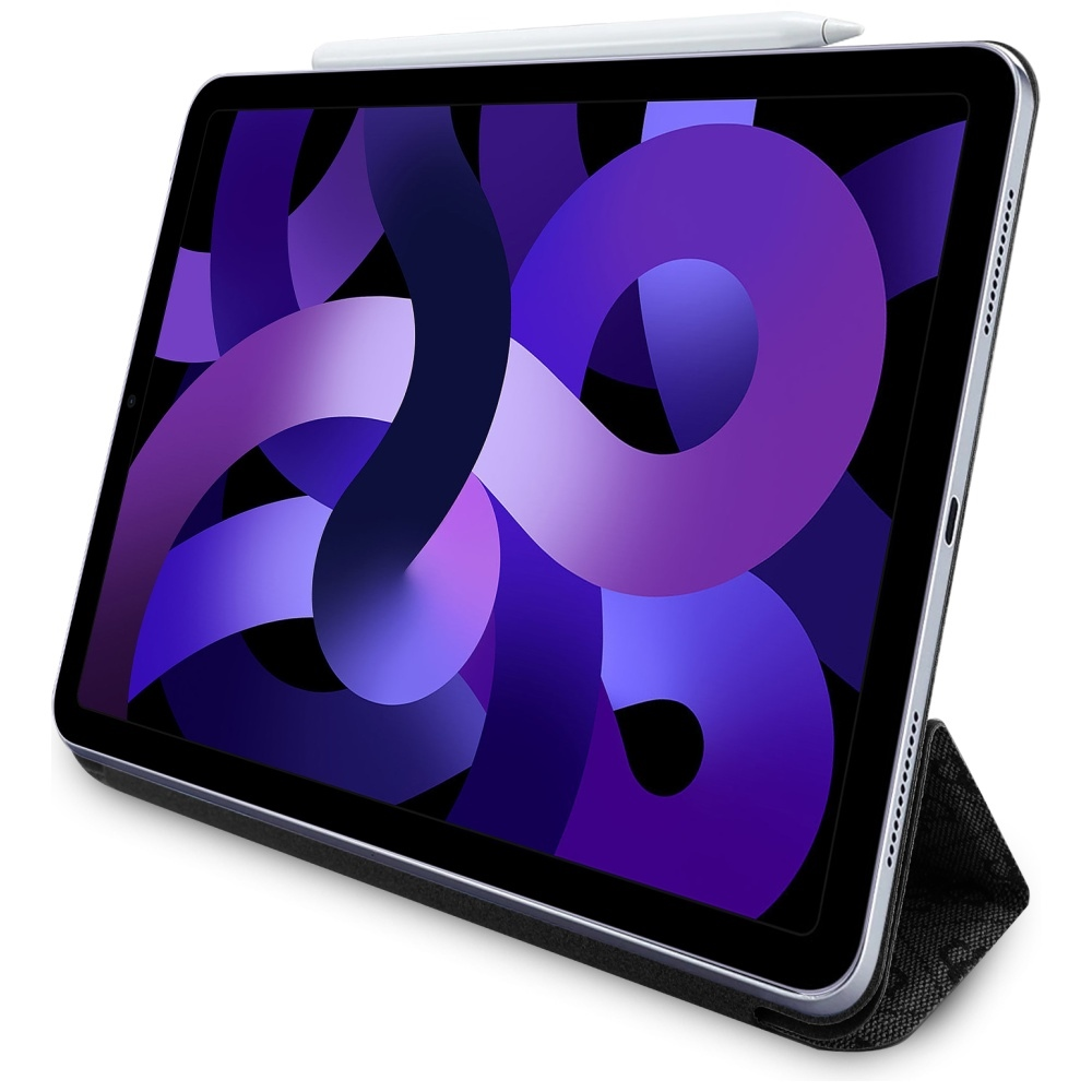Un iPad Air con un design astratto viola sullo schermo. Ha una matita e una custodia nera, appoggiata ad angolo.