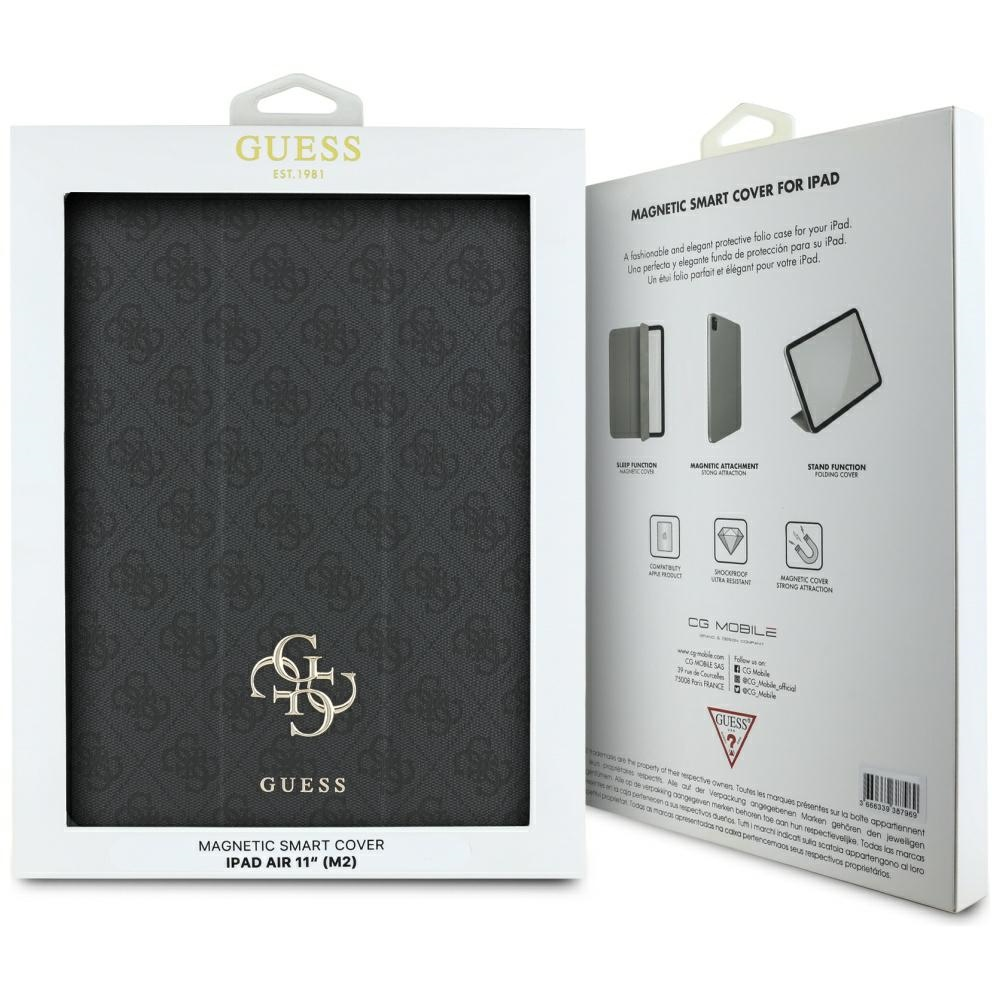 Una scatola per custodia iPad Guess. La scatola è bianca. La custodia è nera con il logo Guess.