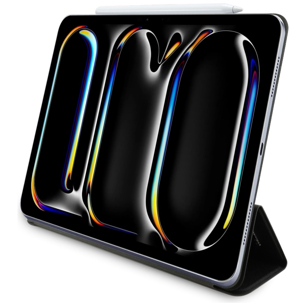 Tablet con schermo nero che mostra le lettere 'M' e 'O' in un gradiente di colori. Uno stilo bianco è sopra.