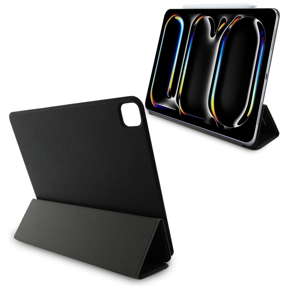 Due custodie per iPad. Una è aperta, mostrando lo schermo. L'altra è chiusa. Entrambe sono nere.