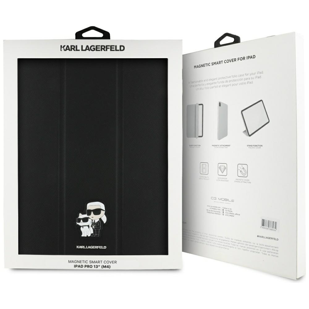 Una scatola per custodia iPad Karl Lagerfeld. È bianca con testo nero e l'immagine di un gatto. Dice 'Magnetic Smart Cover'.