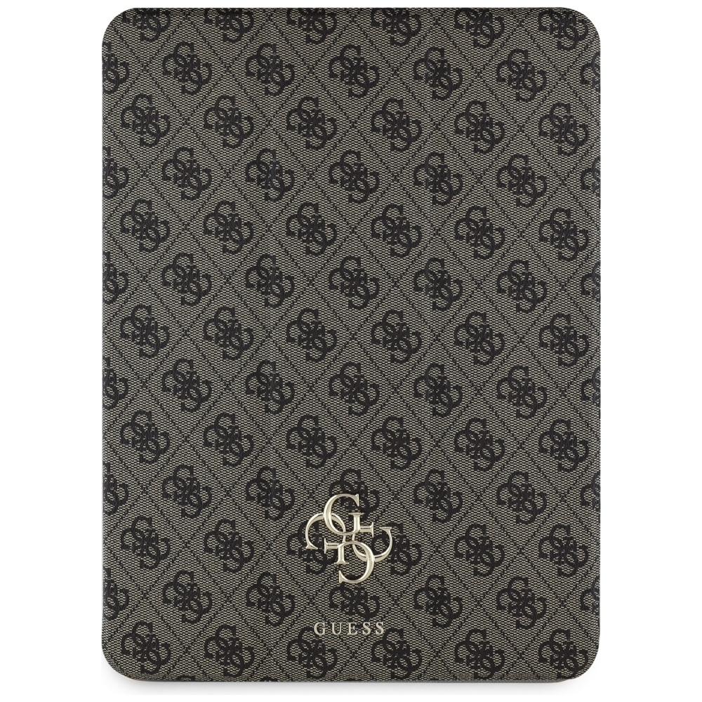 Una custodia per tablet con un motivo ripetuto e il logo Guess. Il motivo è grigio scuro su sfondo grigio chiaro.