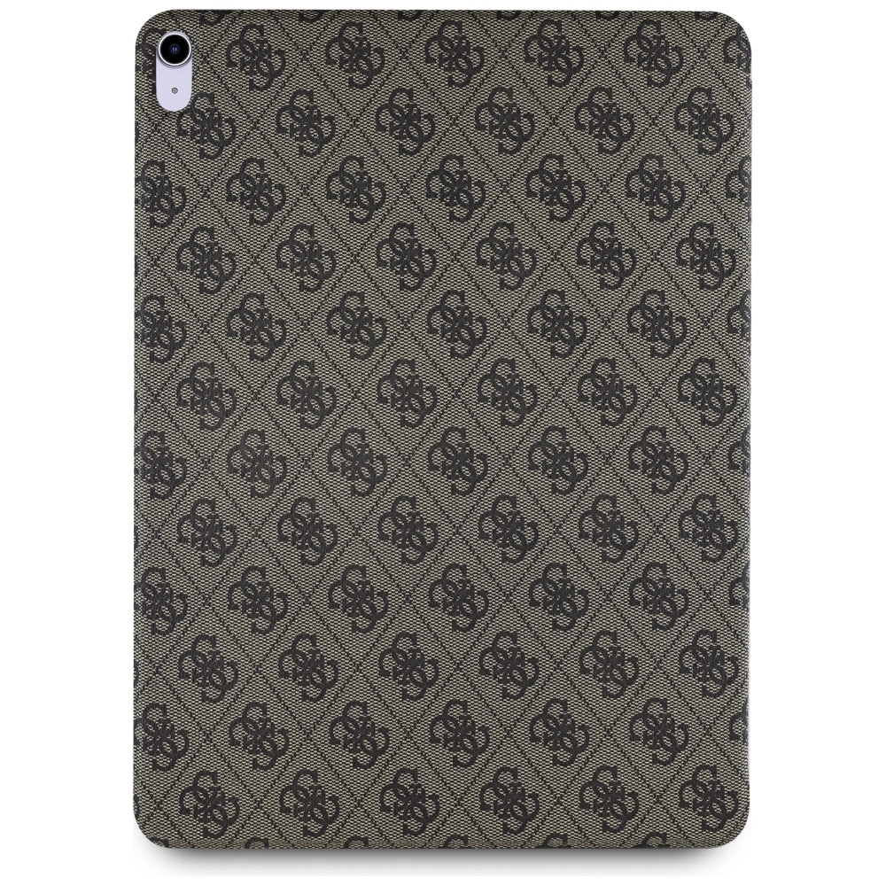 Una custodia per iPad con un motivo ripetuto di forme a G grigio scuro ad incastro su sfondo beige.