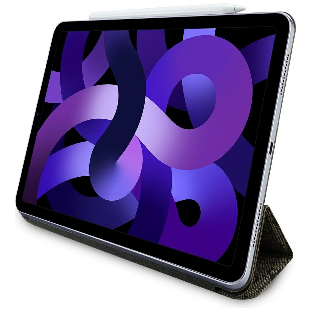 Un iPad Air in una custodia, con una penna sopra. Lo schermo mostra un design astratto viola. La custodia è grigio scuro.