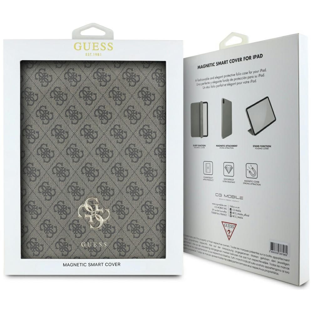Una custodia Guess per iPad. Copertura a motivo grigio con cornice bianca e descrizione del prodotto sul lato.