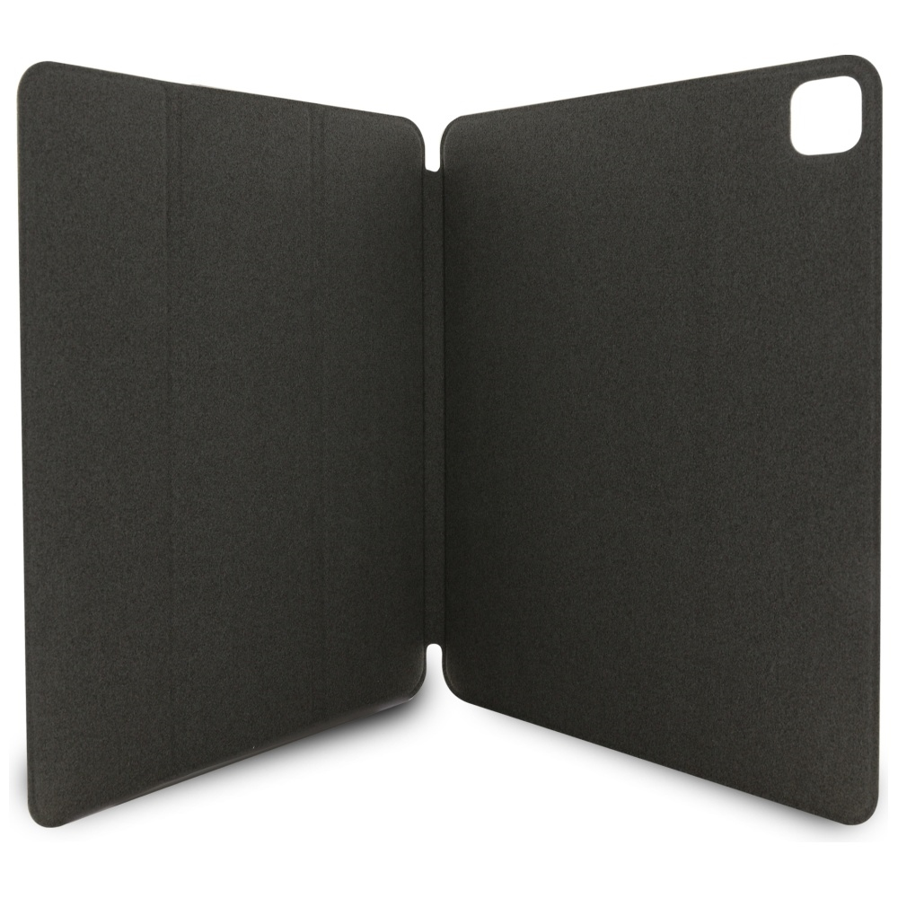 Una custodia per tablet grigio scuro, aperta. Il lato sinistro è aperto, il lato destro ha un ritaglio per la fotocamera. Sfondo bianco.