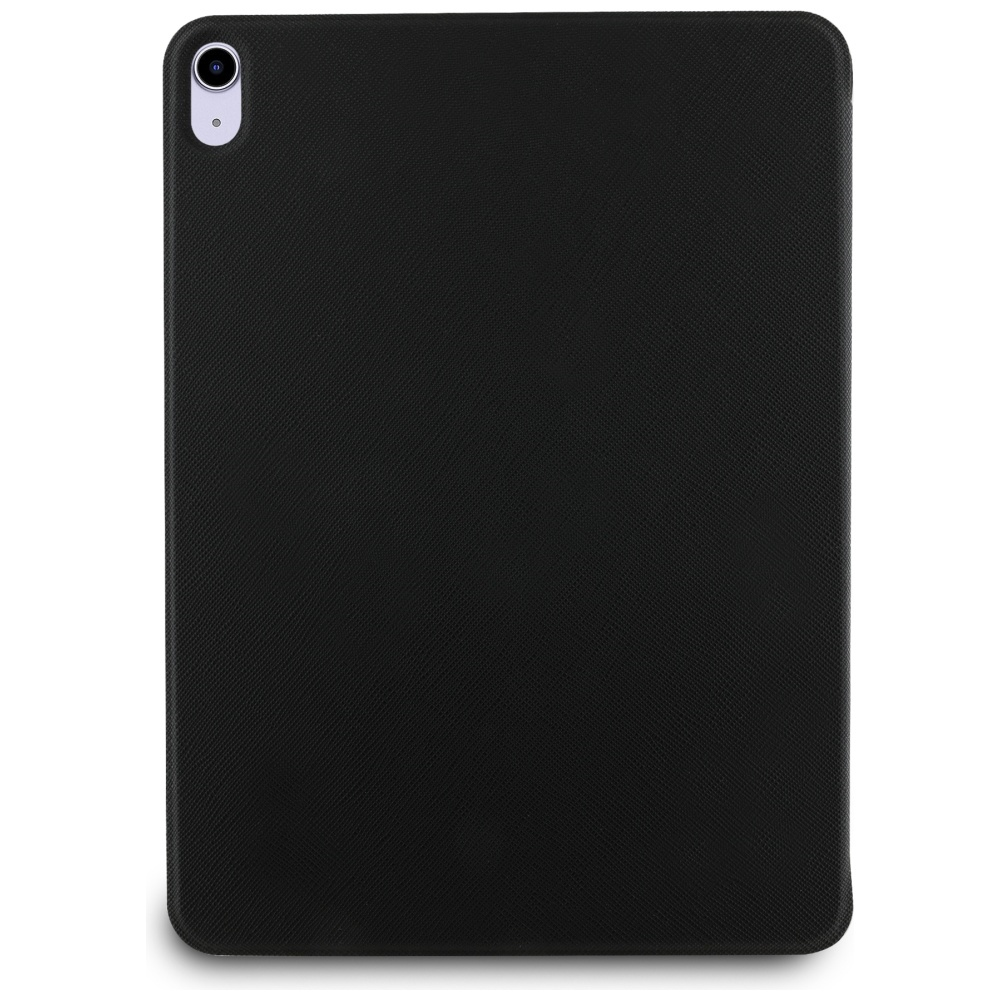 Una custodia nera per tablet con un obiettivo della fotocamera in alto. La custodia ha una superficie strutturata ed è rettangolare.