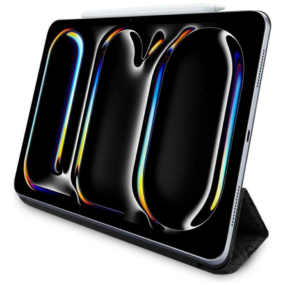 Un iPad con schermo nero che mostra linee curve colorate. Uno stilo bianco è in alto. È sostenuto da una custodia.