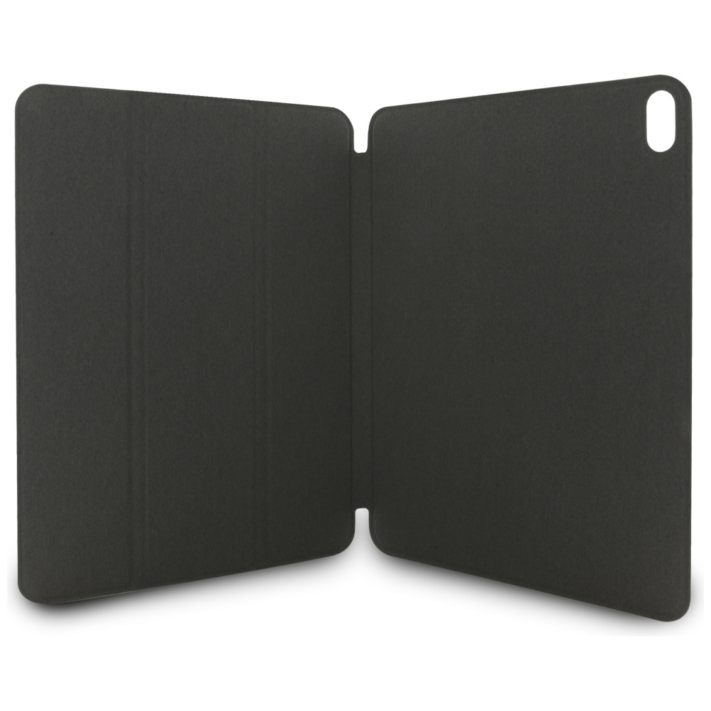 Custodia per tablet nera aperta. La custodia è aperta, mostrando l'interno. Lo sfondo è bianco.