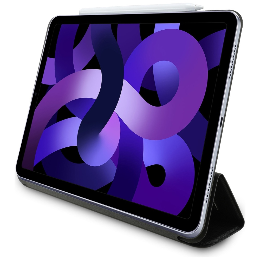 Un iPad Air in una custodia con uno sfondo viola astratto e uno stilo bianco. La custodia supporta l'iPad ad angolo.