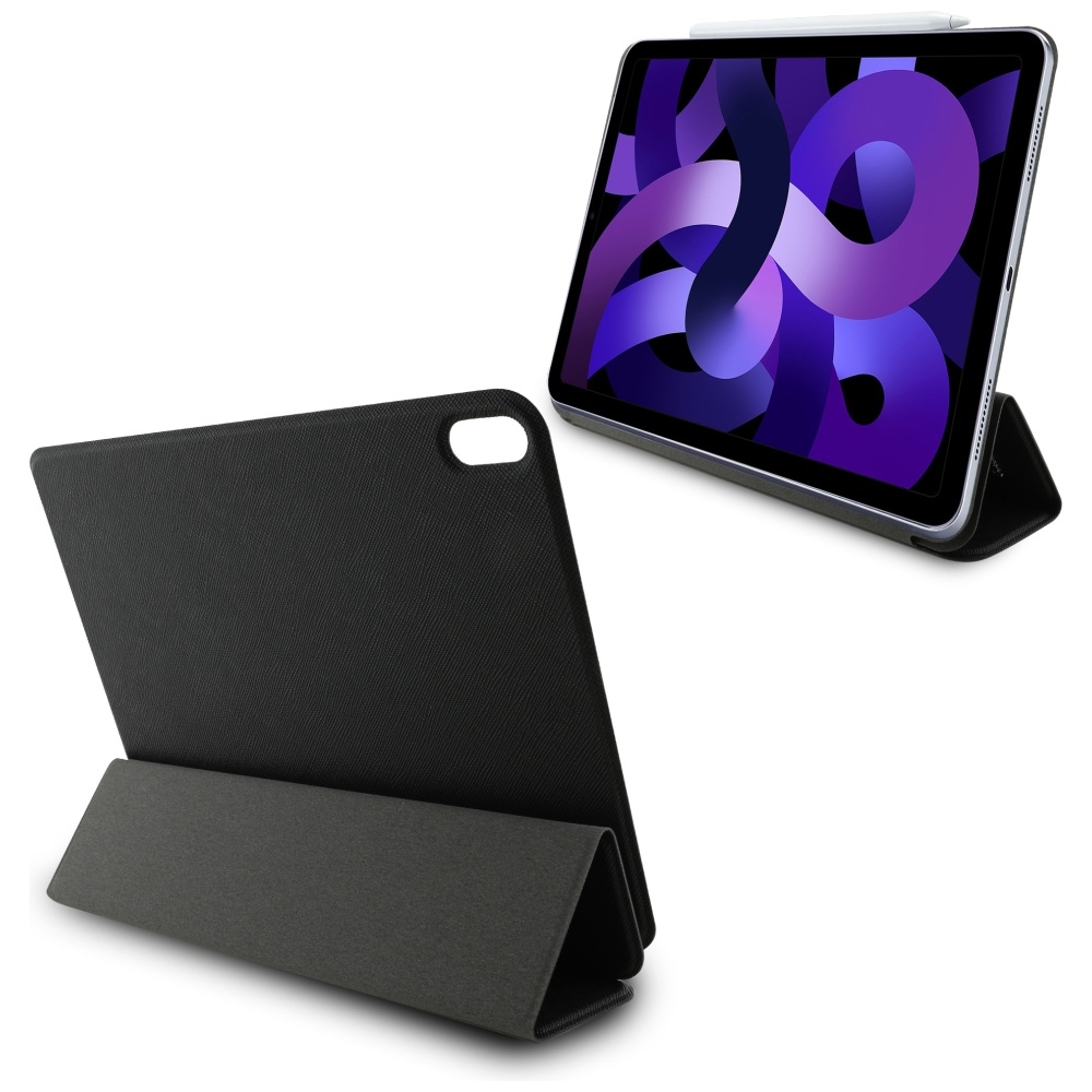 Sono mostrati due iPad con custodia. Uno ha un design viola e bianco sullo schermo. L'altro è in una custodia nera.