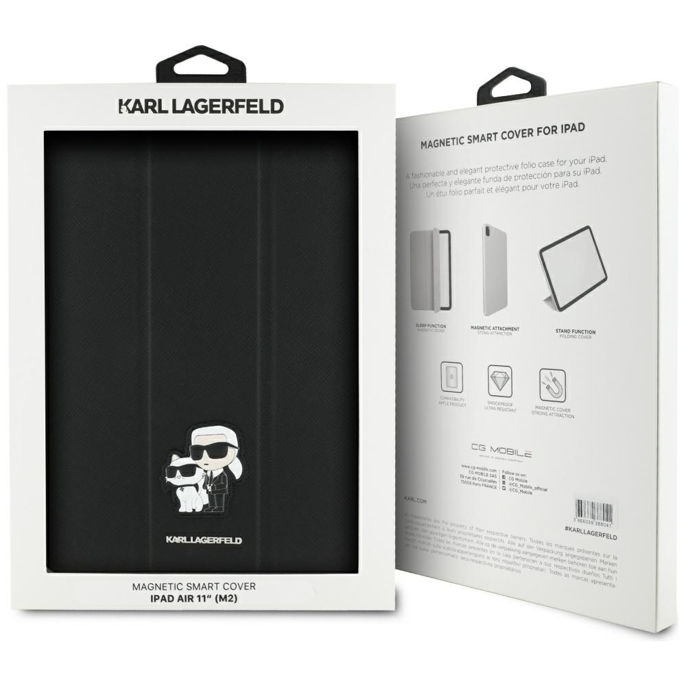 Custodia Karl Lagerfeld per iPad in scatola bianca. Copertina nera con logo. Testo: Magnetic Smart Cover.
