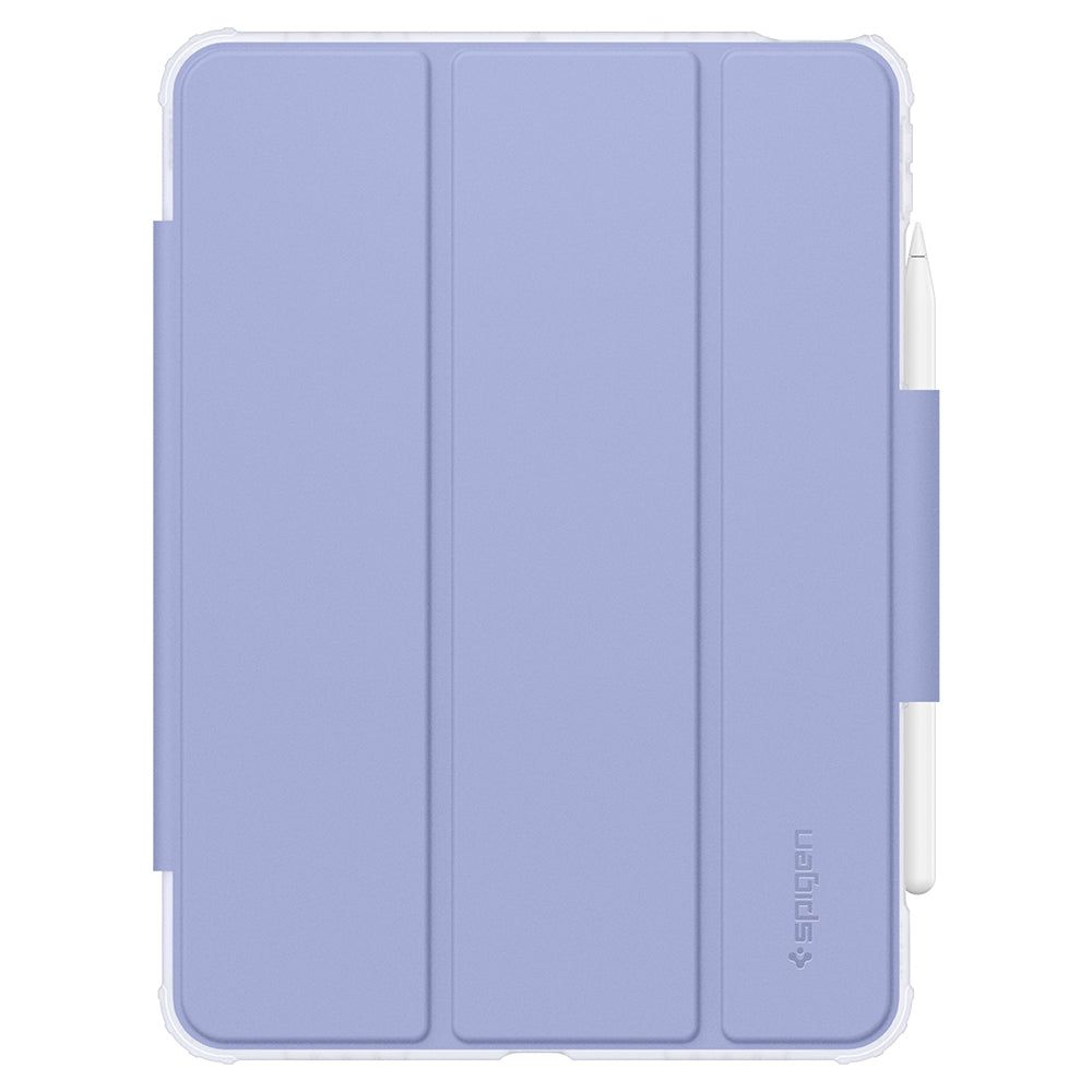 Una custodia per tablet lilla chiaro con uno stilo bianco e una cornice in plastica trasparente. La custodia è chiusa.