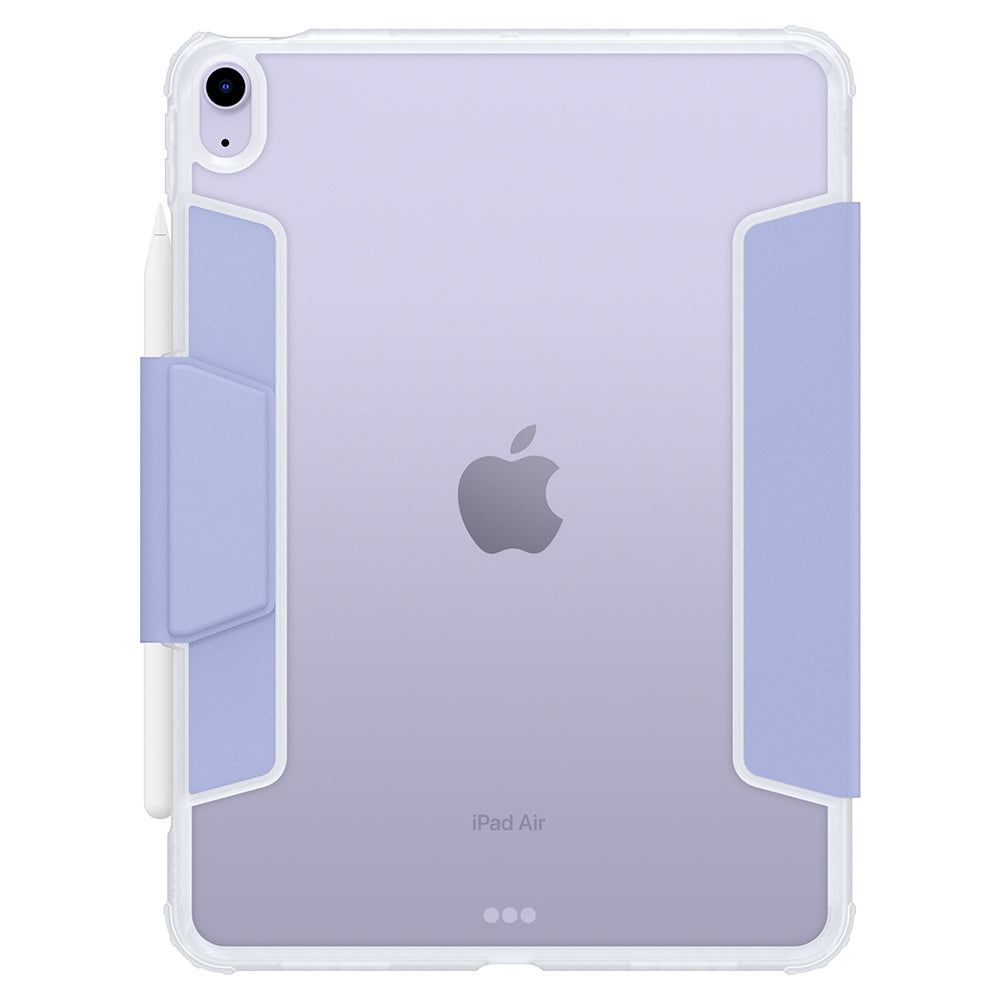 Un iPad Air in una custodia lavanda, con un bordo trasparente. Il logo Apple è visibile. Una penna è attaccata alla custodia.